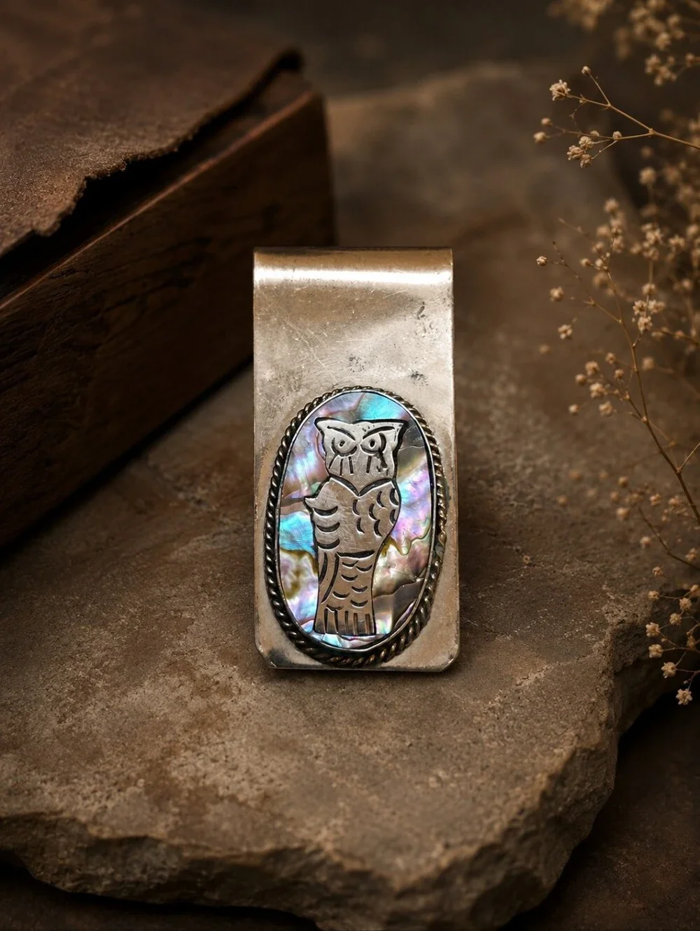 Vintage Alpaca Silver Owl Money Clip with Abalone Inlay | Artisan Mid-Century